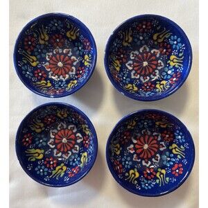Turkish Ceramic Blue Bowl Set Of 4 Hand Made 3 14” Diameter 1 1/4” Tall